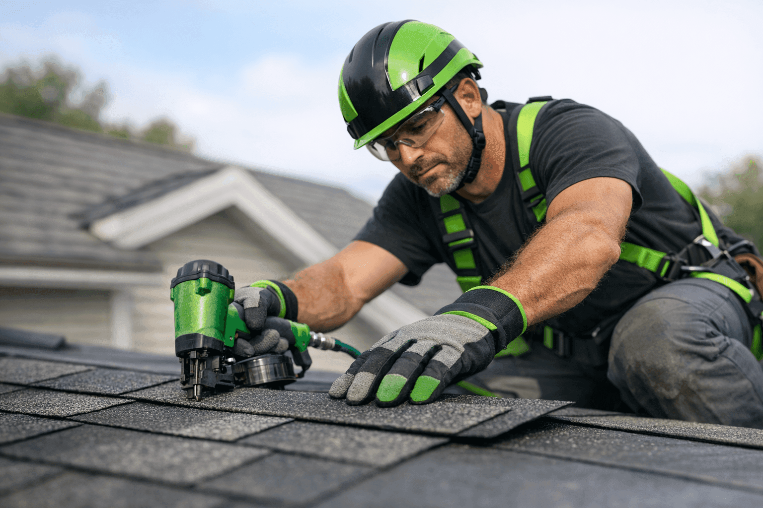 Residential roofer wearing safety gear installing shingles on a clean roof under daylight