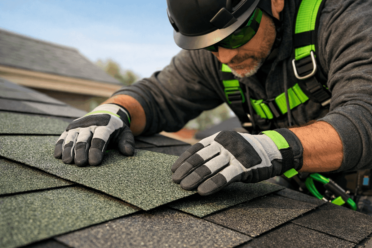 Close-up of roofer’s gloved hands aligning green roofing shingle on residential roof