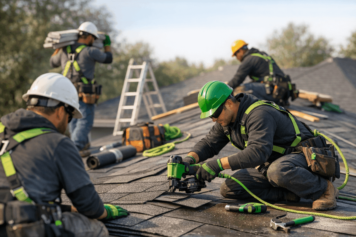 Close-up of roofer’s gloved hands aligning green roofing shingle on residential roof